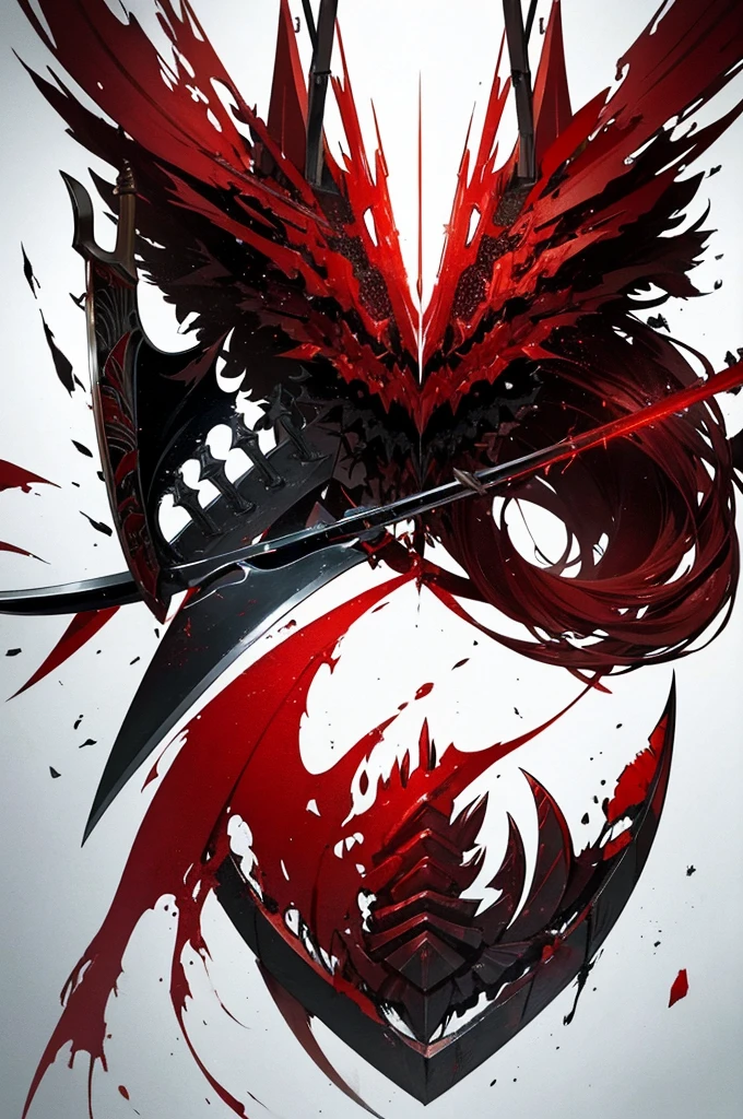 Close-up of a bloody knife and wood, (Just a Sword) Concept art inspired by Kano Hogai, Pixiv, creation, beautiful sword, warrior vinyl wrap, warrior, knifeのデザイン, knife, mobile wallpaper, No girls , Japanese art style, black and red fantasy sword, Traditional Japanese concept art, chainsaw sword knife