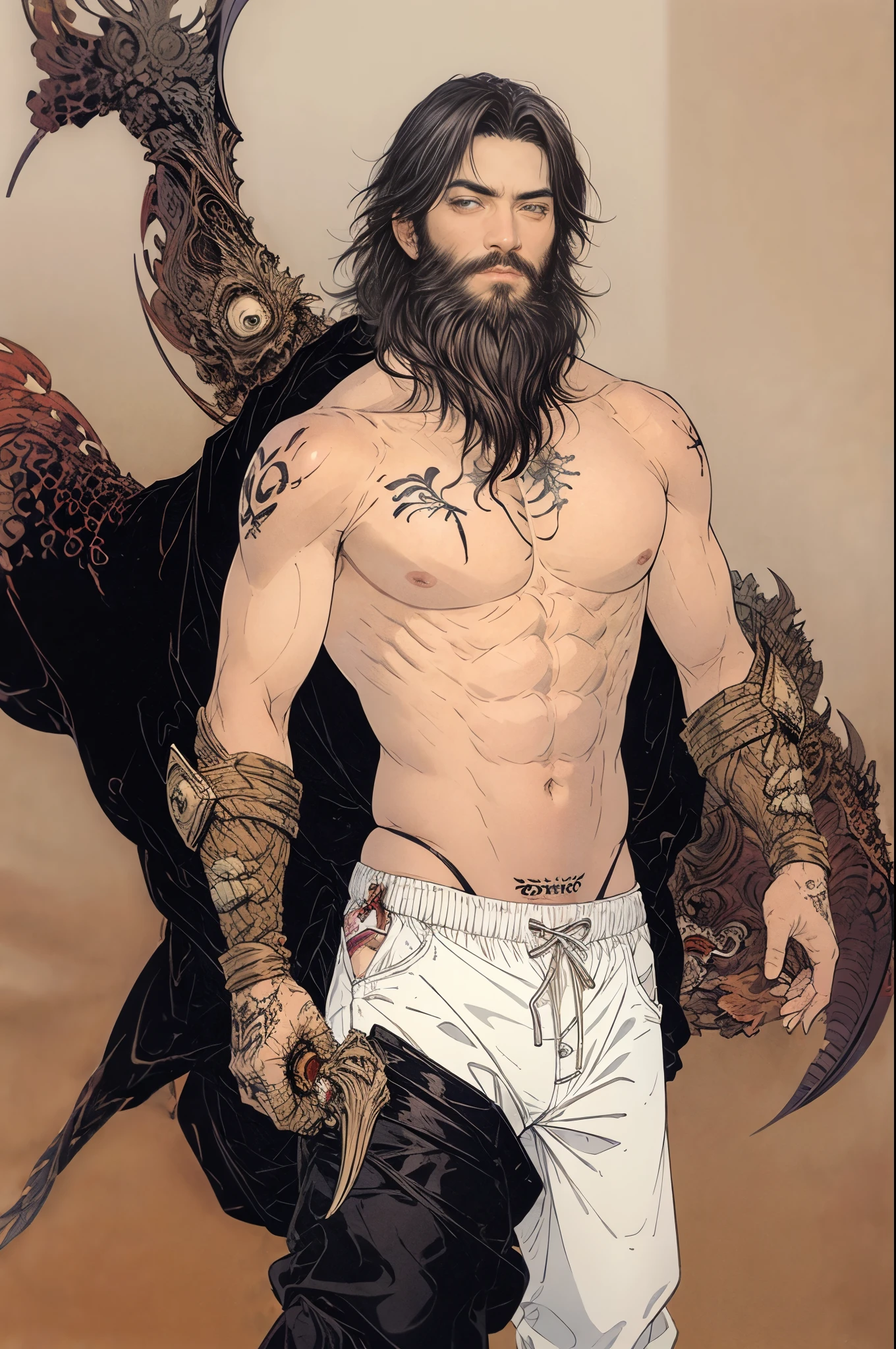 best quality,masterpiece,Ultra-high resolution,1 person,looking at the audience,one,Yamamoto Takashi style,
simple background,White_background,Machinery Division,Exoskeleton,Cold-blooded bearded man,white skin, toughboy style, Shirtless,trousers, muscle, tattoo