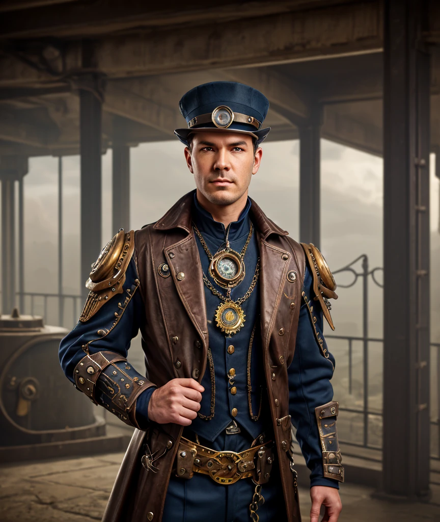 a steampunk man standing in front of a building, detailed steampunk man portrait, steampunk warrior, steampunk fantasy style, steampunk superhero, steampunk concept art, male steam mage portrait, steampunk armor, symmetrical dieselpunk warrior, steampunk male portrait, steampunk engineer, RPG book portrait, steampunk fantasy, the iron judgement from the son of mist, in the style of raymond swanland