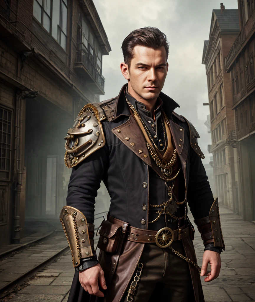 a steampunk man standing in front of a building, detailed steampunk man portrait, steampunk warrior, steampunk fantasy style, steampunk superhero, steampunk concept art, male steam mage portrait, steampunk armor, symmetrical dieselpunk warrior, steampunk male portrait, steampunk engineer, RPG book portrait, steampunk fantasy, the iron judgement from the son of mist, in the style of raymond swanland