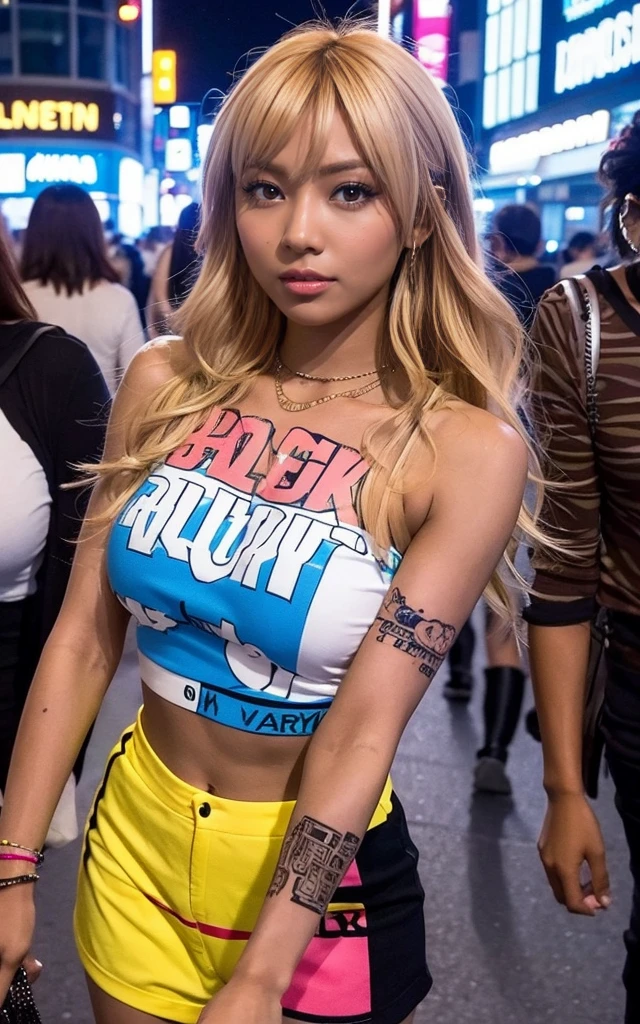 gyaru, dark-skinned, Brightly colored tattoos on arms and legs, in shibuya city, dark night