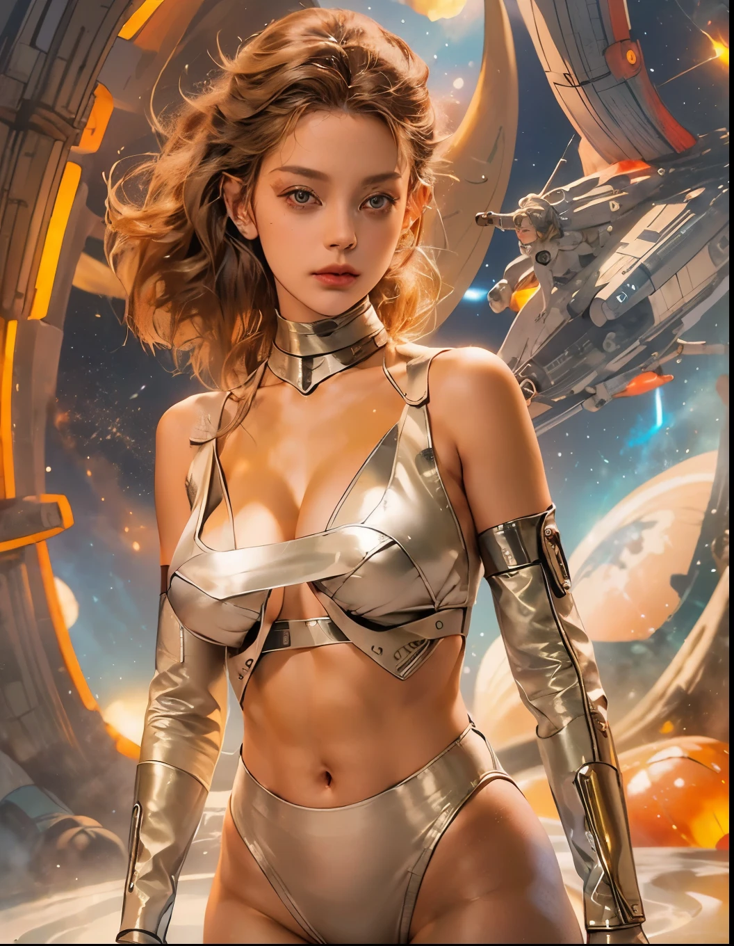 ((portrait, 1 woman, wearing an ultra thin translucent sexy g string cotton bikini)), ((silver, beige, brown, orange red)), ((ultra perfect flowing hairstyle)), (hips up), (((huge natural breasts with cleavage with beautiful hips))), ((perfect radiant skin color)), (((cinematic day time and natural sunlight))), (((detailed spaceship background and incredibly sci-fi retro art masterpiece))), ((spaceships)), (((ultra photorealistic realism))), ((Smooth curves, clean lines, streamlined, functional aesthetics, reflective surfaces, integrated lighting)), extraterrestrials, ((starwars)), (vintage space guns), coloured oval glass, ((desert city background))