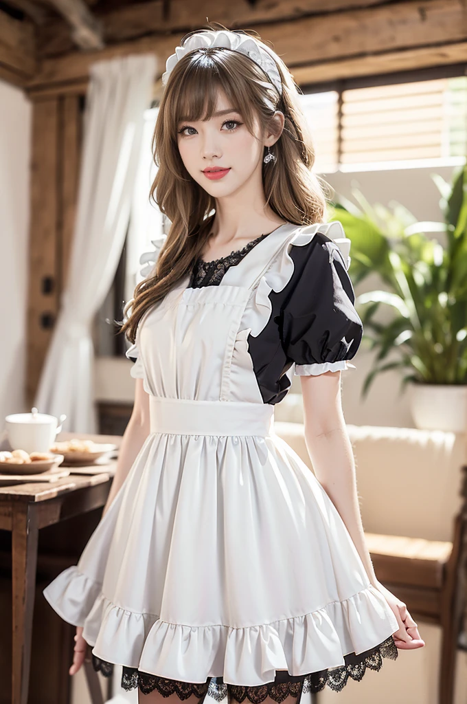 (((best quality))),(((ultra detailed))),(((masterpiece))),illustration,1girl,maid cafe,stunningly beautiful,slim,medium straight bob hair,flat chest,deep captivating eyes,maid costume,see through lace apron,short hemline,bare arms,arms behind back,thighs,slender legs,pantyhose,graceful movements,confident charm,warm genuine smile,France cafe,delicious coffee pastries,warm inviting atmosphere,joyful eyes,Coffee Machine,upper body