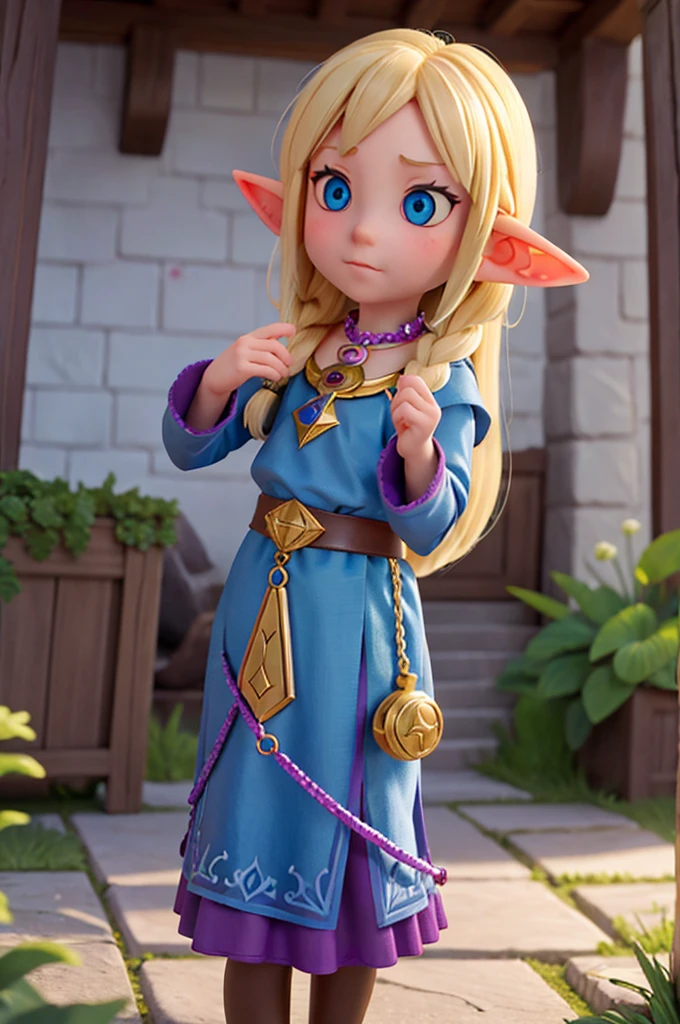 a little blonde girl with long hair, sparkling blue eyes and elven ears holds a necklace around her neck with a large magical amulet sparkling with purple chlorine, "This map will guide you to the hideout of the evil sorcerer Grimor. But be careful, the path is fraught with traps and dark creatures. You will need all the courage and wisdom you have."