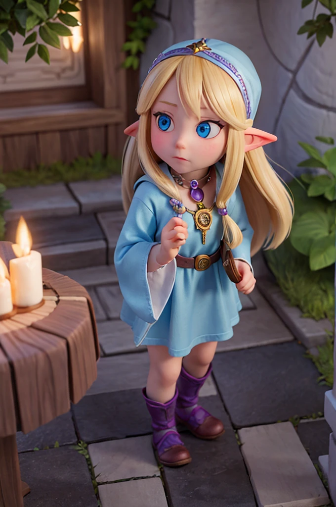 a little blonde girl with long hair, sparkling blue eyes and elven ears holds a necklace around her neck with a large magical amulet sparkling with purple chlorine, "This map will guide you to the hideout of the evil sorcerer Grimor. But be careful, the path is fraught with traps and dark creatures. You will need all the courage and wisdom you have."