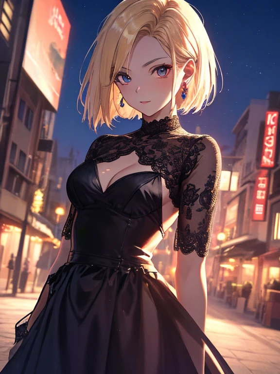 android18Number, Evening Dress, Night view, Beauty, Beautiful eyes, uhd, retina, masterpiece, ccurate, anatomically correct, textured skin, super detail, high details, high quality, best quality, highres, 4K