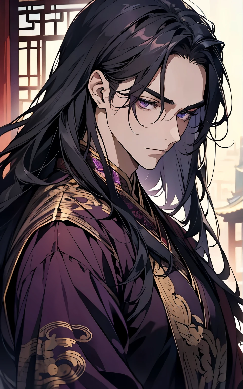 1 middle-aged man, (45 years old), long black hair, violet eyes, chinese clothes, purple clothes, available at purple chinese room