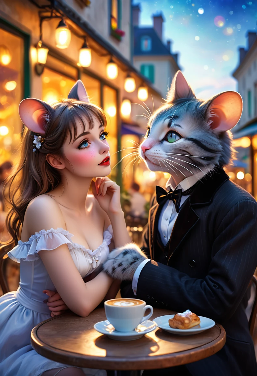 Renoir style , Hallucination, daydream , nightmare , Insane Dream , bokeh , erotica , romance , realistic mouse girl and realistic cat man , realistic nose , cafe terrace