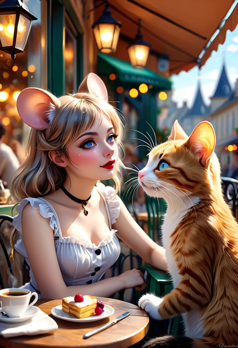 Renoir style , Hallucination, daydream , nightmare , Insane Dream , bokeh , erotica , romance , realistic mouse girl and realistic cat man , realistic nose , cafe terrace
