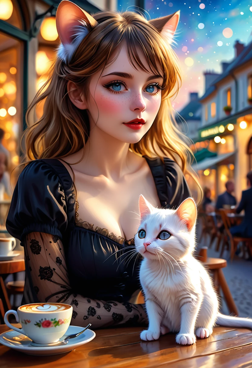 Renoir style , Hallucination, daydream , nightmare , Insane Dream , bokeh , erotica , romance , realistic mouse girl and realistic cat man , realistic nose , cafe terrace