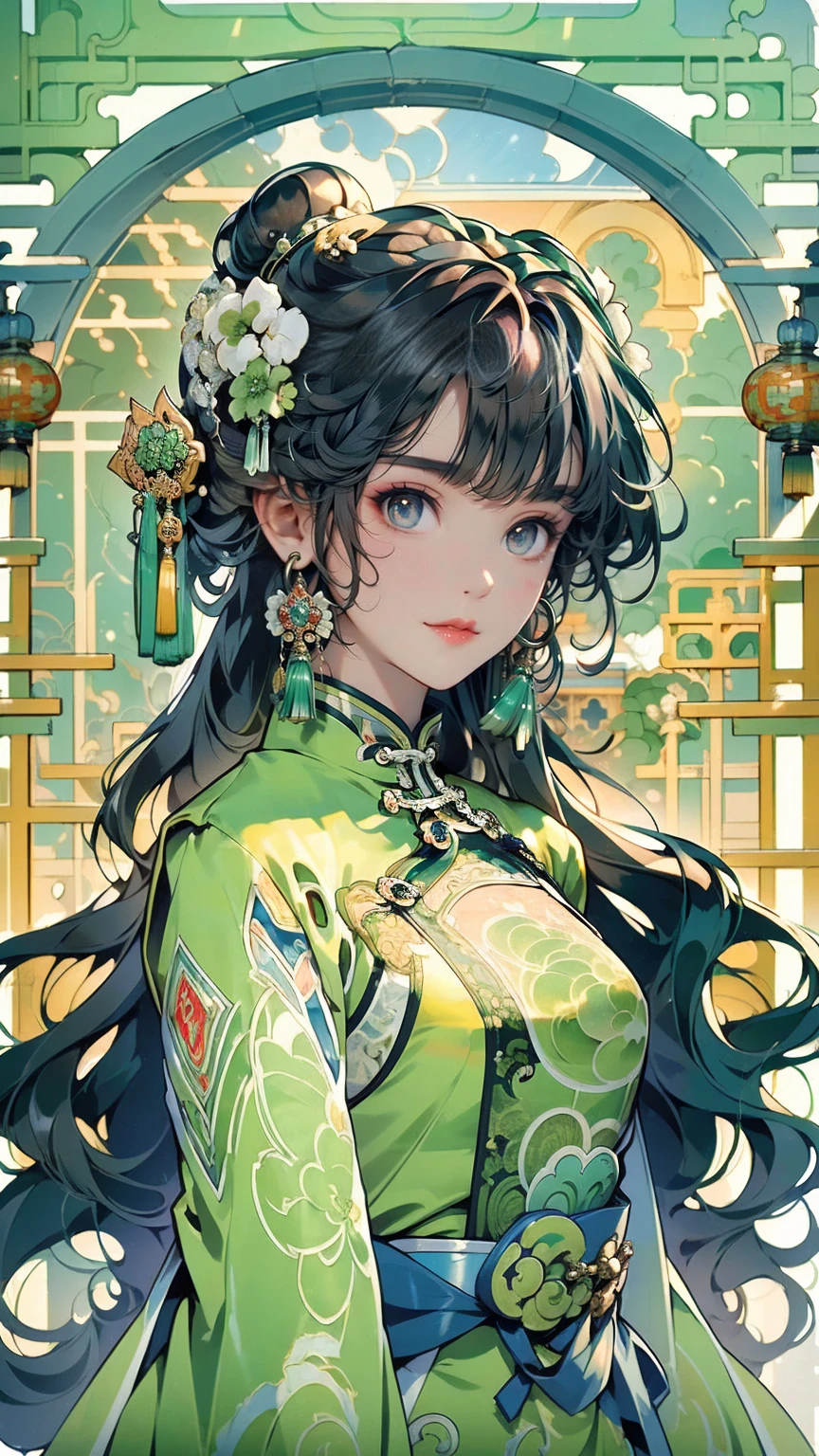 ((whole body)), samdoesarts style award winning whole body portrait of a beautiful woman, ((Perfect feminine face)),((Ancient Chinese Green Clothing)), ((Green Peking Opera Costume)), (Long sleeve) Gazebo, complicatedな, (Beautiful details in the eyes, Long eyebrows),((hairpin, Twisted Hair)),(sorrow), ((tears)), (sunlight), Shaded flat illustration, Digital Art, Trending on Art Station, Very detailed, The finer details, complicated, ArtJam、Rutkovsky、Art by Alphonse Mucha,