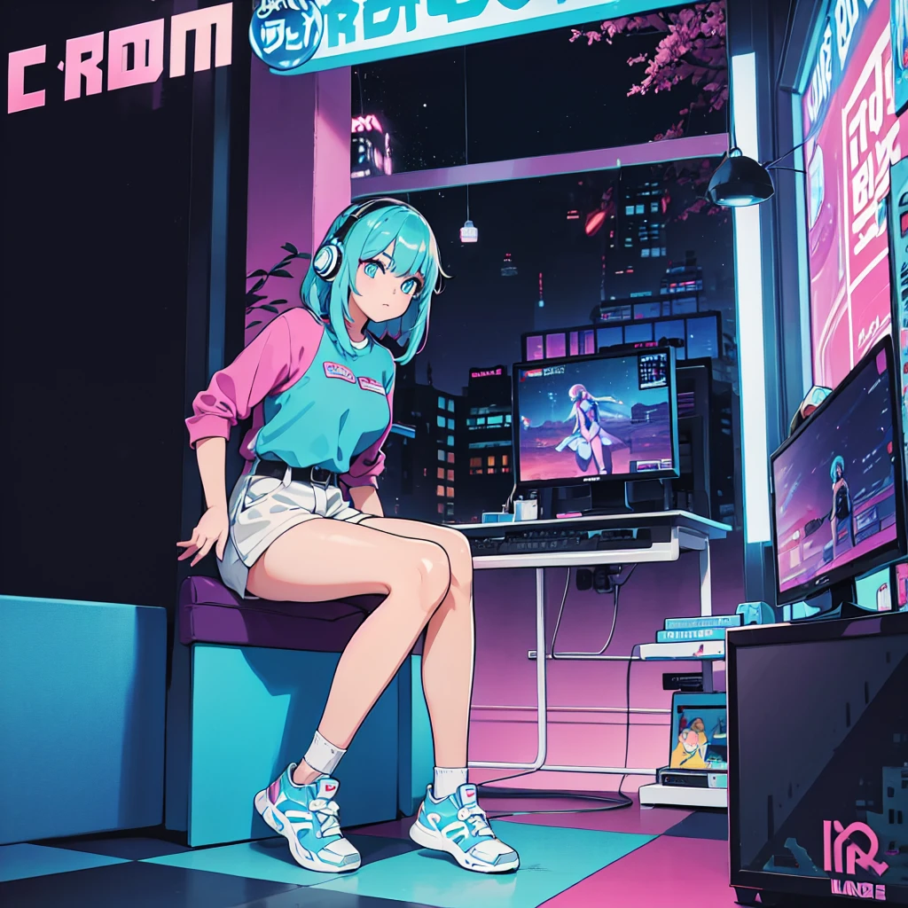 (masterpiece), Highest quality, Expressive eyes, Neon pastel aesthetics, Retro 90s, Neon color,((Girl sitting on sofa,In a cozy room,Records hanging on her wall, Comic books on the floor, Looking out the window behind her at the night city, Upholstered room, Anime figures lined up on a shelf)), Wearing headphones, (All around her it sparkles), (wearing thick colorful sneakers), (blue eyes), (Soft look), (Synthwave Art Style), Colorful Hair, Desk with PC set up