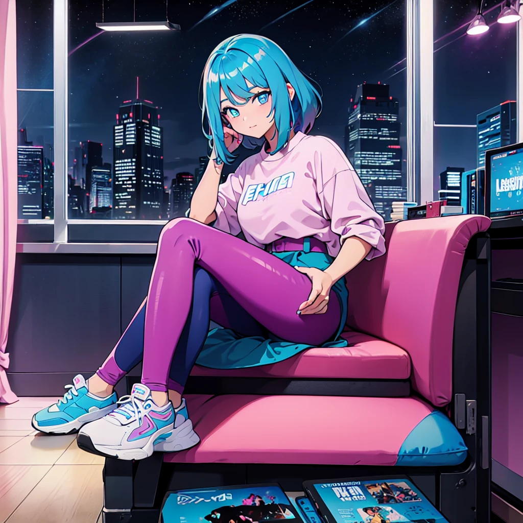 (masterpiece), Highest quality, Expressive eyes, Neon pastel aesthetics, Retro 90s, Neon color,((Girl sitting on sofa,In a cozy room,Records hanging on her wall, Comic books on the floor, Looking out the window behind her at the night city, Upholstered room, Anime figures lined up on a shelf)), Wearing headphones, (All around her it sparkles), (wearing thick colorful sneakers), (blue eyes), (Soft look), (Synthwave Art Style), Colorful Hair, Desk with PC set up