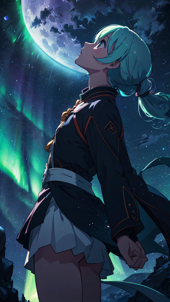  girl looking up at the comet sky, Aurora, full moon, mysterious world, divine world, anime, dynamic pose