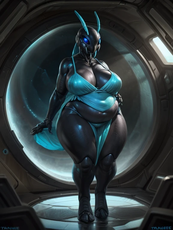 (masterpiece, best quality, an chubby anthropomorphic insect girl standing in a spaceship, insect, large eyes, compund eyes, black skin with blue shine, mandibles, chitin shell, huge breasts, huge ass, wide hips, chubby belly, colored skin, black skin with a dark blue shine, metallic skin, anttenae, alien, arthropod, tall, very tall, strong, skimpy cyan dress,:1.3), crisp vibrant detailed soft painterly digital art, volumetric lighting, natural lighting, realistic lighting, vibrant colors, crisp oil painting, painterly realism, depth of field, subtle soft details, vivid, fresh, striking, by chunie, by darkgem, by honovy, by zaush, by anhes, by puinkey, by caraid, by dagasi, by taranfiddler, by atey ghailan, by MilletGustave, by Curbet, Charlie Bowater, lol art