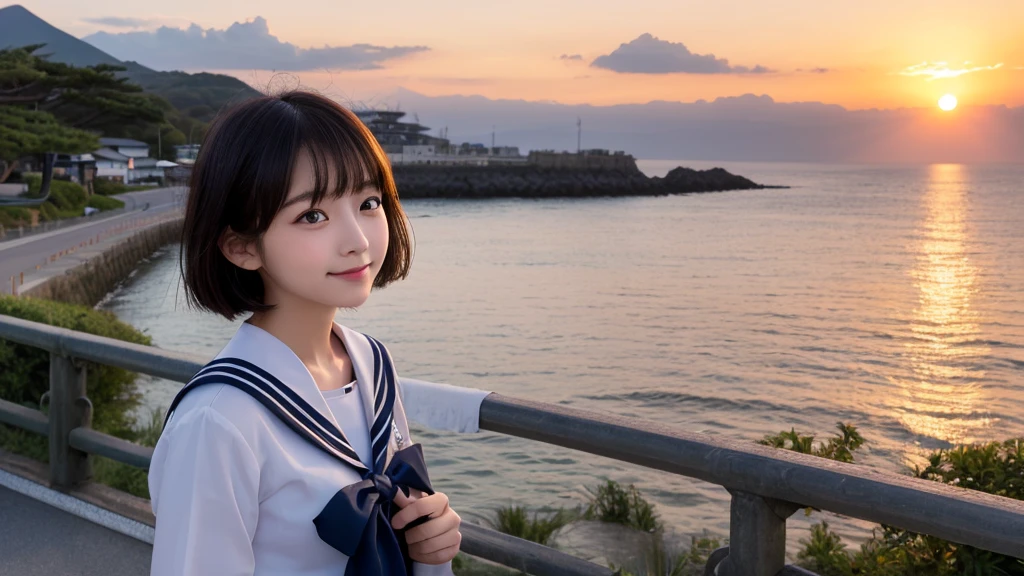 (1 Girl )、(Beautiful Japanese、18years old,round face、Refreshing、clear、seems kind、stylish、Pitiful、cute like an angel、cute、black eyes、,actress,Almond-shaped eyes,Translucent white skin、Beautiful skin,short bob hair), {(Japan human face:1.4)} , (((Beautiful breasts:0.4))),(((soft breasts))),(very cute),(Black hair),(enchanting eyes),(highlight on eyes:1.2)、(8K、Live shooting、highest quality、masterpiece:1.2、optimal lighting)、((masterpiece)),(Photo taken by a professional photographer),(real、photo real:1.4),break,{(cute Japanese high school sailor uniform),((traditional Sailor Suit:1.0))},(cheeks are red:1.3), break, break,Face shot:1.3、 face close-up,Look away,,Little smile,evening、 countryside,evening、sunset、cumulonimbus,Coastal road,A fresh breeze、Hair swaying in the wind,Sunset,profile,summer,sea