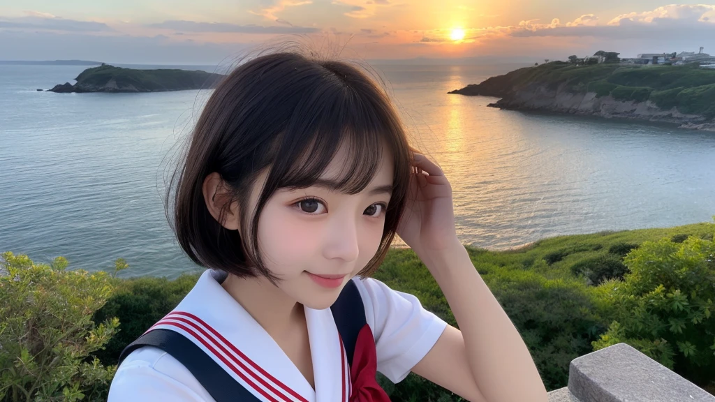 (1 Girl )、(Beautiful Japanese、18years old,round face、Refreshing、clear、seems kind、stylish、Pitiful、cute like an angel、cute、black eyes、,actress,Almond-shaped eyes,Translucent white skin、Beautiful skin,short bob hair), {(Japan human face:1.4)} , (((Beautiful breasts:0.4))),(((soft breasts))),(very cute),(Black hair),(enchanting eyes),(highlight on eyes:1.2)、(8K、Live shooting、highest quality、masterpiece:1.2、optimal lighting)、((masterpiece)),(Photo taken by a professional photographer),(real、photo real:1.4),break,{(cute Japanese high school sailor uniform),((traditional Sailor Suit:1.0))},(cheeks are red:1.3), break, break,Face shot:1.3、 face close-up,Look away,,Little smile,evening、 countryside,evening、sunset、cumulonimbus,Coastal road,A fresh breeze、Hair swaying in the wind,Sunset,profile,summer,sea