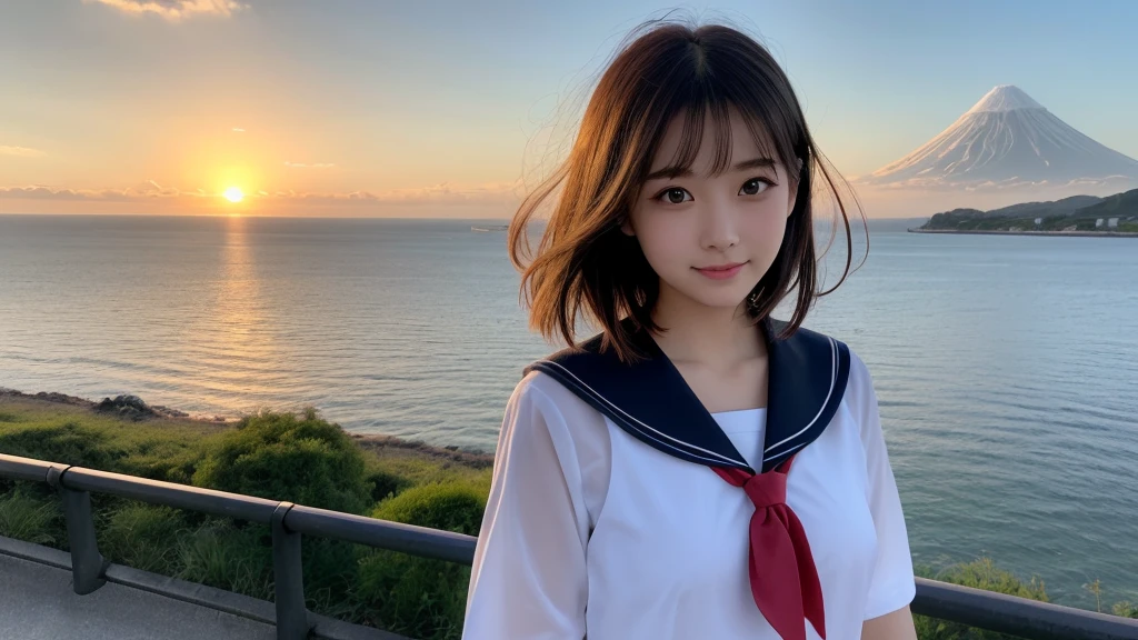 (1 Girl )、(Beautiful Japanese、18years old,round face、Refreshing、clear、seems kind、stylish、Pitiful、cute like an angel、cute、black eyes、,actress,Almond-shaped eyes,Translucent white skin、Beautiful skin,short bob hair), {(Japan human face:1.4)} , (((Beautiful breasts:0.4))),(((soft breasts))),(very cute),(Black hair),(enchanting eyes),(highlight on eyes:1.2)、(8K、Live shooting、highest quality、masterpiece:1.2、optimal lighting)、((masterpiece)),(Photo taken by a professional photographer),(real、photo real:1.4),break,{(cute Japanese high school sailor uniform),((traditional Sailor Suit:1.0))},(cheeks are red:1.3), break, break,Face shot:1.3、 face close-up,Look away,,Little smile,evening、 countryside,evening、sunset、cumulonimbus,Coastal road,A fresh breeze、Hair swaying in the wind,Sunset,profile,summer,sea