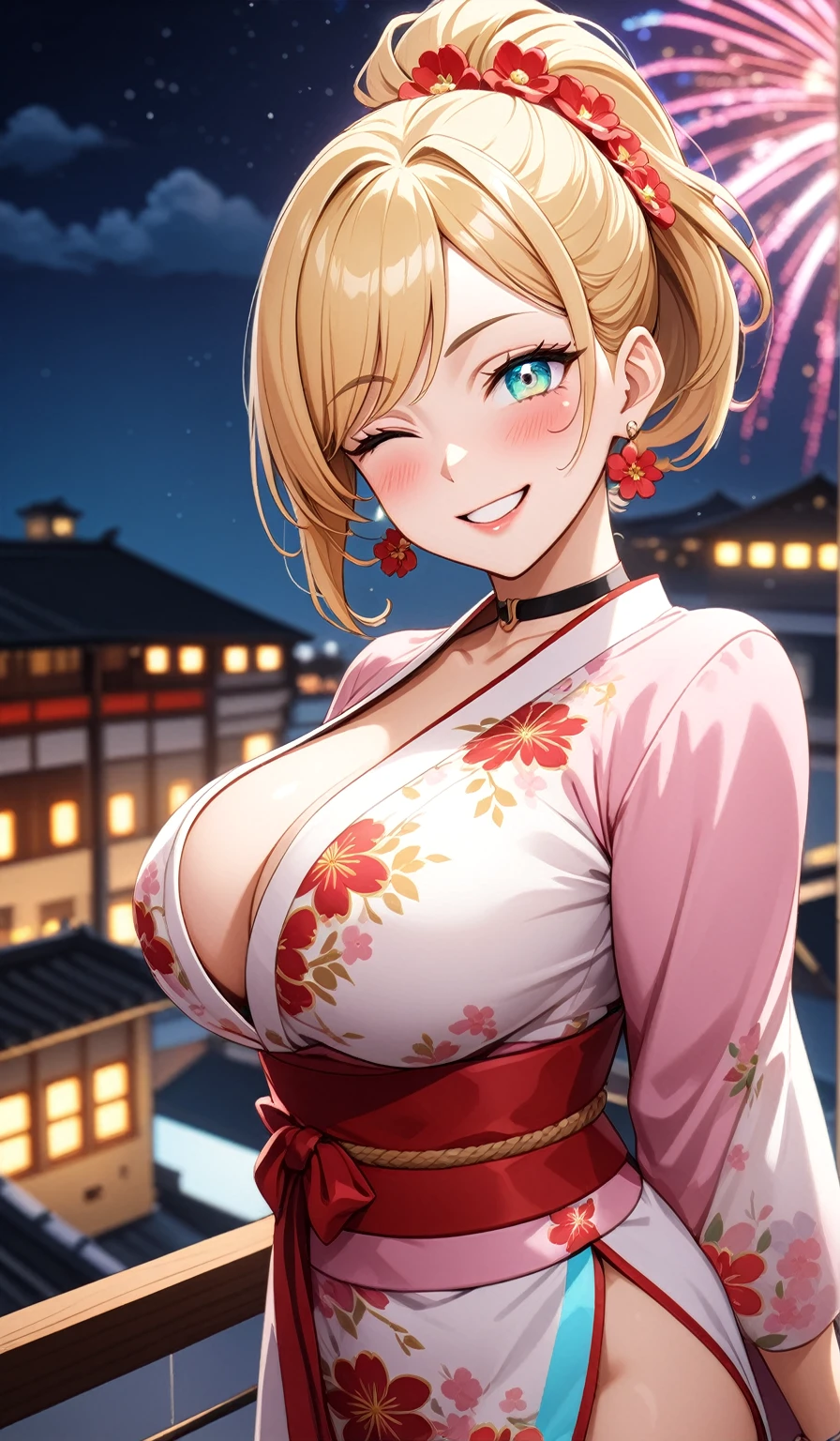 ((One personの女性)), Beautiful Face,Laughing embarrassedly,((Wink:2.0)),Laugh with your mouth wide open((Bright red cheeks:1.4)),Glossy pink lips,night,rooftop,Festive decorations,You can see the ocean, firework,Laughing with your mouth open,Glossy pink lips,Lighting on the face,((Anime style background)),masterpiece, Highest quality, so beautiful,Latest, Complex details, (Pink long nails),(ring),(bracelet),(choker),AI-generated, Complex,High resolution, Highest quality, super high quality,3D Images、View your viewers、3D Images,One person,Long blonde hair,High Ponytail,(Turquoise Eyes),Anime woman posing for a photo, ((Fine grain、Colorful Eyes、Shining Eyes:1.4)),(Squint your eyes:1.1),a hyperRealistic , hyperRealistic , Realistic,Anime woman with long and white hair, Smooth anime CG art, A woman in a colorful kimono with gold embroidery, (Pink long sleeve kimono),Red floral pattern,Long flower hair ornament,big floral earrings,Mature Body,(Big Breasts:1.1),Tall,Abdominal muscles,Narrow waist,(Zoom in on face:1.7),Shooting from below at an angle
