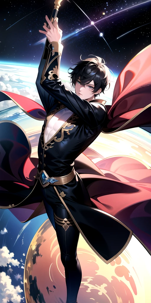 ridiculous resolution, high resolution, (masterpiece:1.4), super detailed, 1boy, seen from above, space, floating, --v 6