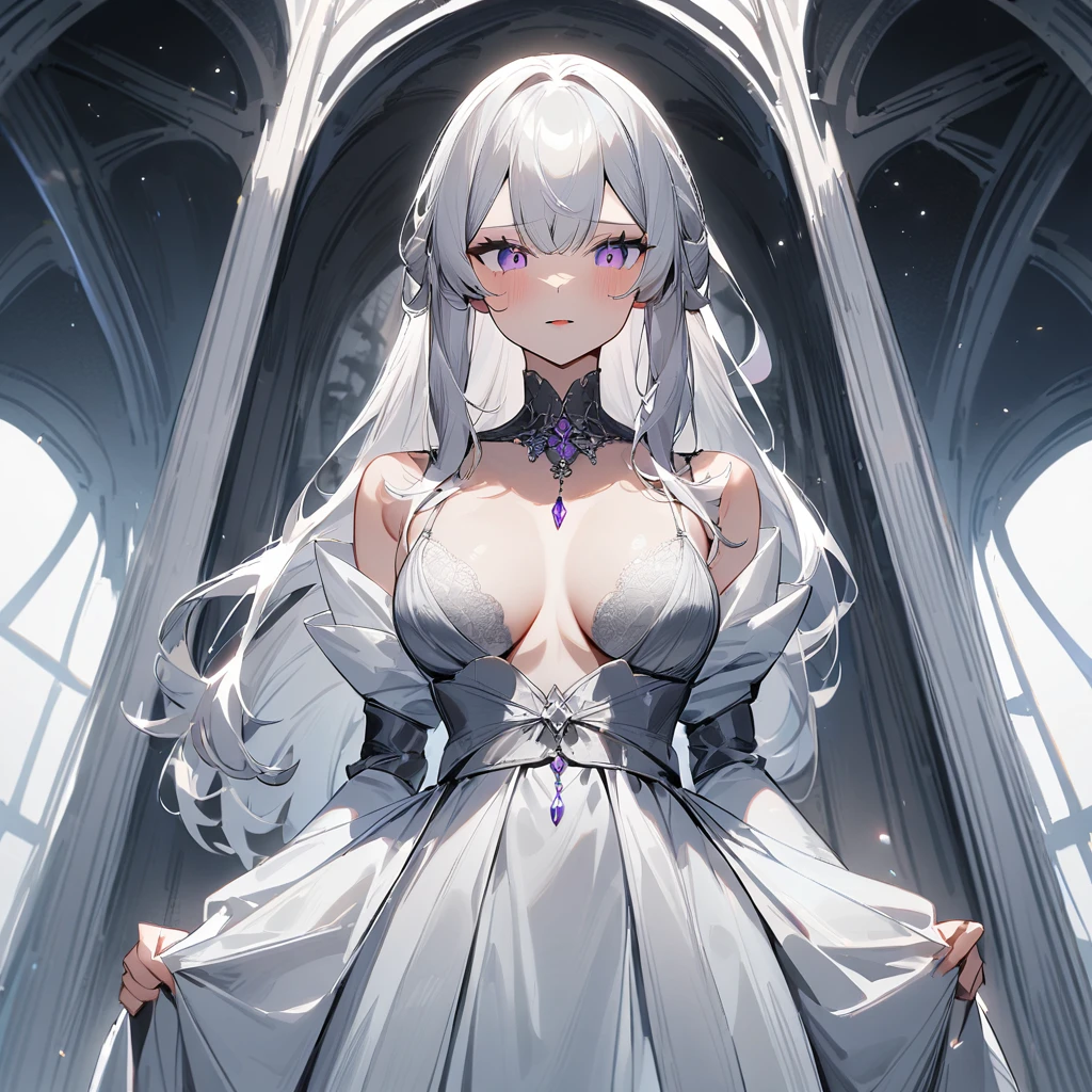 nafw,(2 girls:1.3),(duo),breast,absurdres,best quality,very aesthetic,absurdres,bra,(light silver White hair),太もも,(purple),(straight-on),(long hair),(gown),(bare breasts)