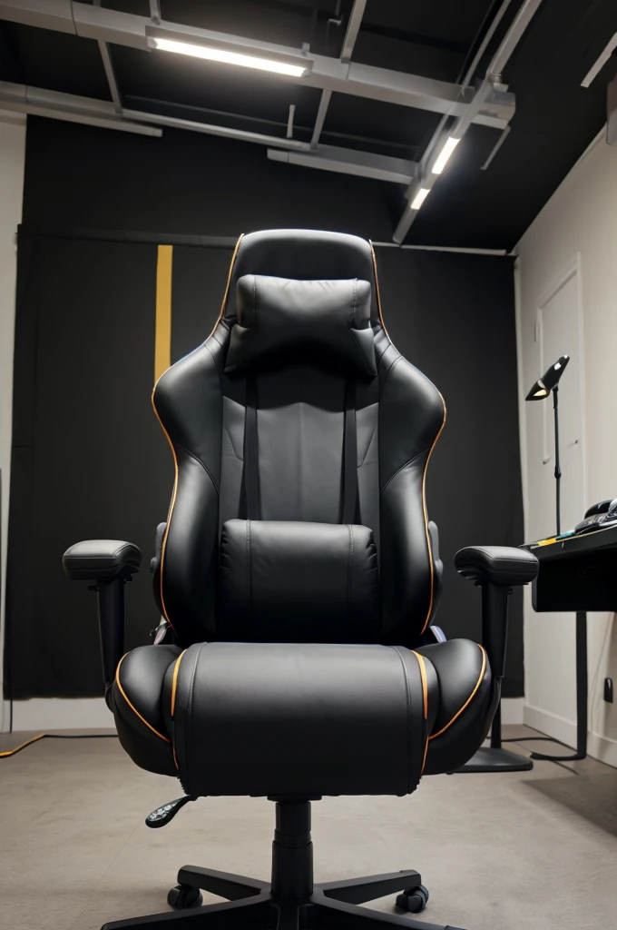 The studio has a black gaming chair with highlights placed ahead 3d