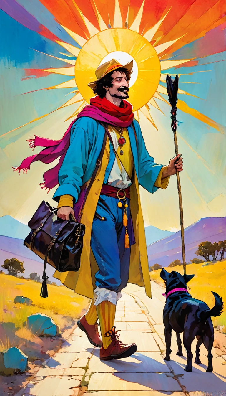 tarot card, the fool, happy man next to a dog walks with a bag tied to a stick, bright sun, tarot card frames ((text on card: "EL LOCO")) (art inspired by Bill Sienkiewicz). bright colors, oil painting)
