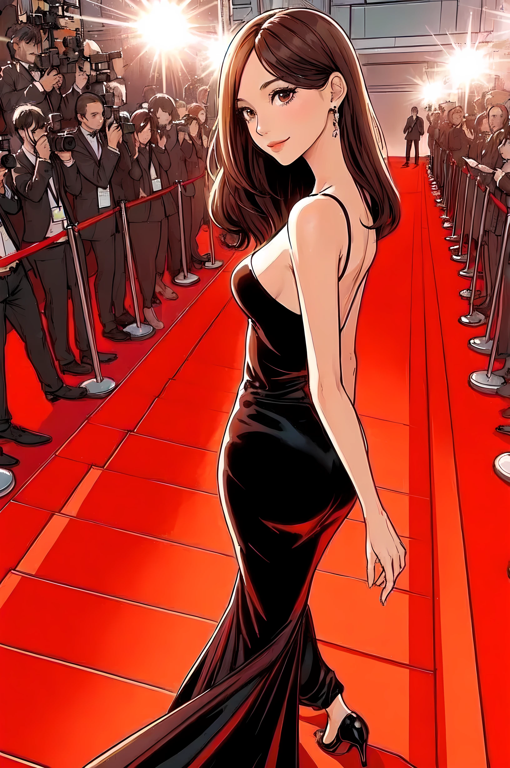 1lady solo, from behind, looking back, walking slowly, actress, (evening dress) stylish, long hem, (mature female:0.8), /(dark brown hair/) bangs, kind smile, (masterpiece best quality:1.2) delicate illustration ultra-detailed, large breasts BREAK (film festival venue) indoors, (red carpet), crowded, audience, detailed background
