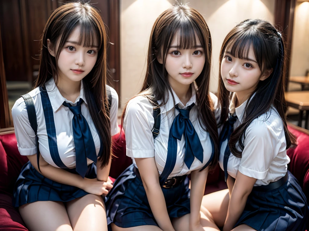 (8K, Raw photography, top-quality, ​masterpiece:1.2), master piece, best quality, illustration, Super detailed, fine details, High resolution, 8K,wall paper, perfect dynamic composition,(Details High quality, realistic depiction of eyes:1.3), ((2 girls, 2 schoolgirls)), The background is a luxury hotel room、High school girl uniform、blazer 、Super Short Check Uniform Skirt、Navy blue high socks、garterbelts、Colossal tits、Disturbed uniform, Play with each other,Touching each other's bodies,Touching the body of the girl next door, short bob hair, black hair color, huge breasts, Big Natural Color Lip, bold sexy pose, (perfect body shape), crying a little、Beautiful makeup,glitter makeup,Cutest 18 years old, beautiful legs, hposing Gravure Idol, Voluptuous thighs
