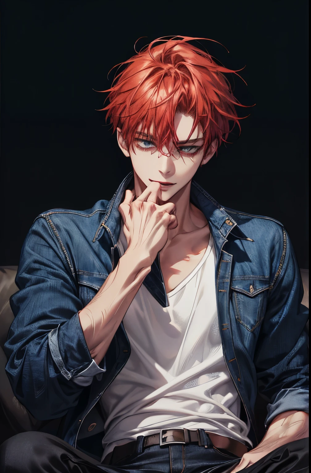 (absurdres, highres, ultra detailed), 1 male, handsome, tall guy, mature, A man sitting, down to up perspective, (white shirt with chest exposed, ), colorful, artistic, depth of field, focus on his face, mischievous facial features, sultry, red hair, black pants, dark blue jean jacket, pleather black boots