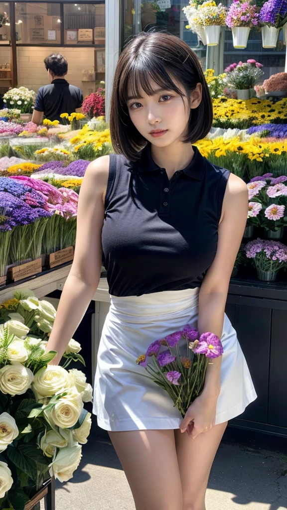 (masterpiece:1.3, top-quality, ultra high res, ultra detailed), (realistic, photorealistic:1.2), beautiful illustration, perfect lighting, natural lighting, colorful, depth of fields, ,
beautiful detailed hair, beautiful detailed face, beautiful detailed eyes, beautiful clavicle, beautiful body, beautiful chest, heavy chest, beautiful thigh, beautiful legs, beautiful fingers, shiny skin,
looking at viewer, 1 girl, japanese, 22 years old, (perfect ???????, anatomically correct, super detailed skin), cute and symmetrical face, babyface, perfect face, perfect eyes, perfect fingers,
(short bob hair, straight hair, hair slicked back:1.6, blue hair), parted bangs, dark purple eyes, big eyes, drooping eyes, long eyelashes, faint lips, ((saggy breasts), Don't expose it, seductive thighs), outstanding style,
(detailed cloth texture, break, sleeveless collared polo shirt, tight skirt, black ?????), break,
(beautiful scenery), ((behind flower shop:1.5)), standing, ((hold a big bouquet:1.2)), (parted lips),