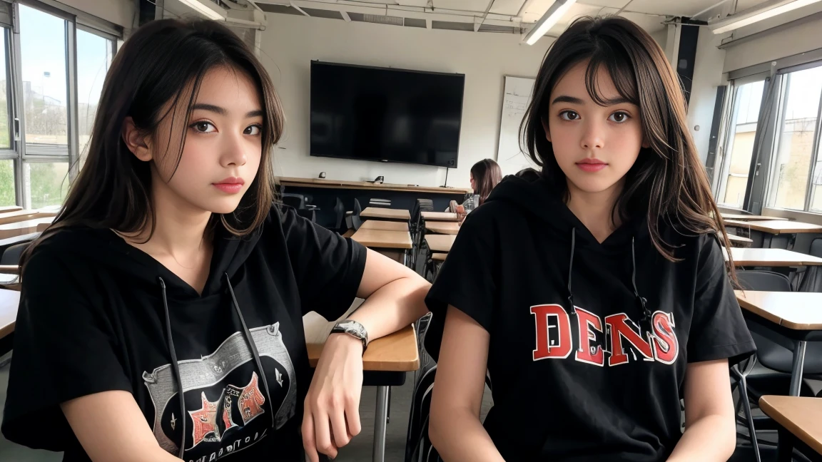 deux femmes ensemble de 18 ans sexy et mince qui se touche , black short sleeve hoodie , dans une salle de classe