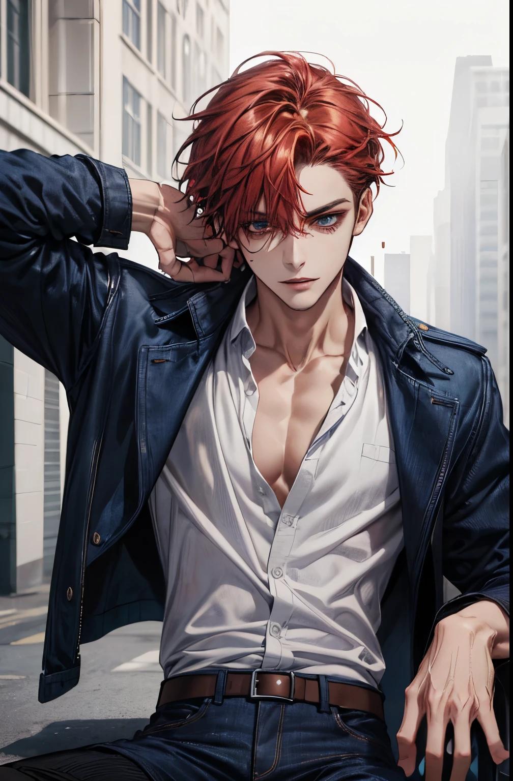 (absurdres, highres, ultra detailed), 1 male, handsome, tall guy, mature, A man sitting, down to up perspective, (white shirt with chest exposed, ), colorful, artistic, depth of field, focus on his face, mischievous facial features, sultry, red hair, black pants, dark blue jean jacket, pleather black boots