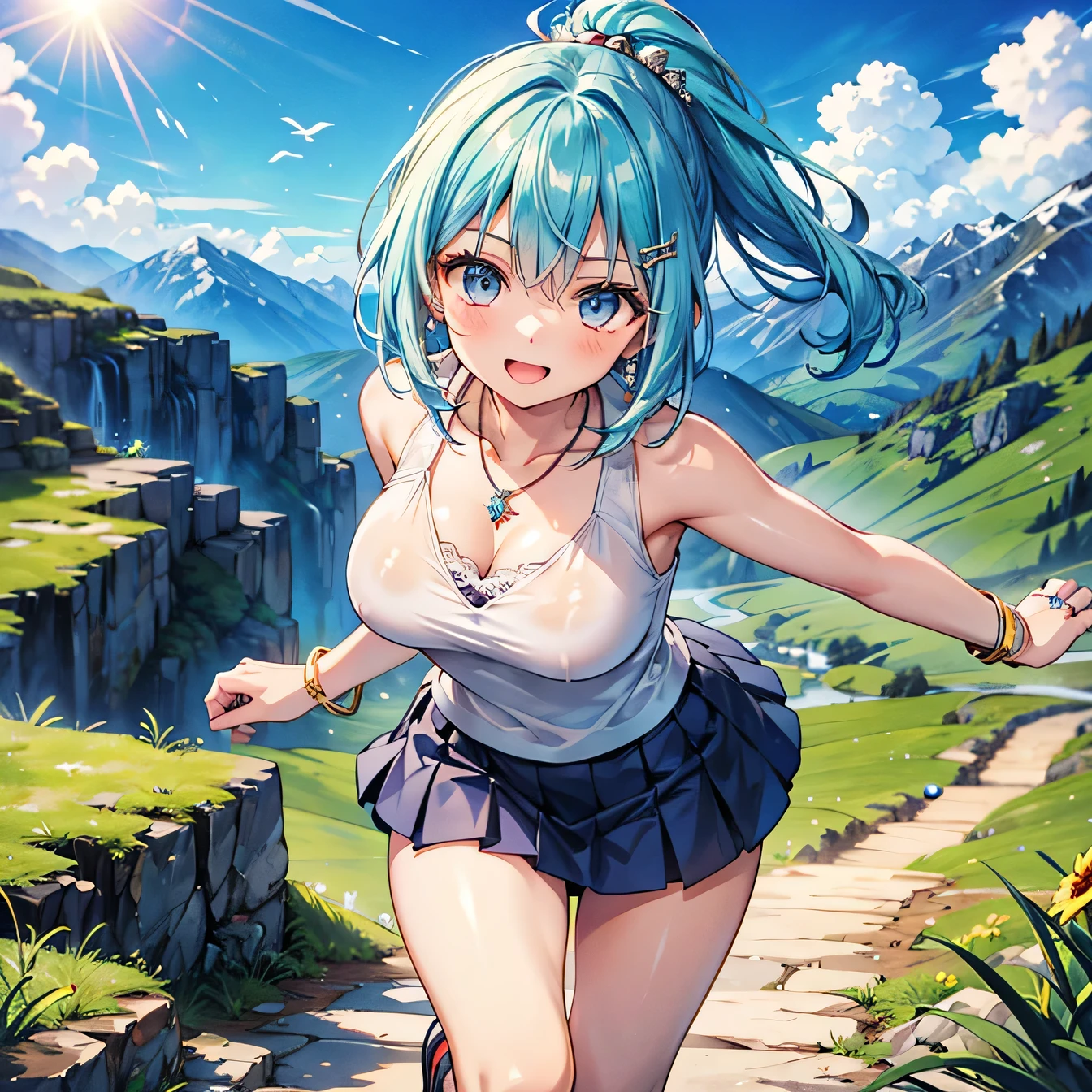 Anime Moe Art Style,Highest quality,High resolution,Anatomically correct,One Girl,Mid-s,A girl with light blue hair in a ponytail,Super detailed,Fantasy World,Sleeveless blouse,mini skirt,Big Breasts,Shiny skin,Beautiful Skin,A rich expression,Laughing with your mouth open,Mountain trail,Daytime,Running,Eyes drawn in detail,hair ornaments,necklace,bracelet,ring,8K