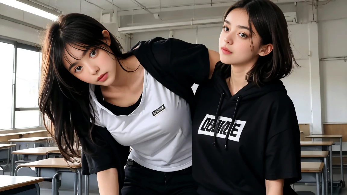 deux femmes ensemble de 18 ans sexy et mince qui se touche , black short sleeve hoodie , dans une salle de classe 