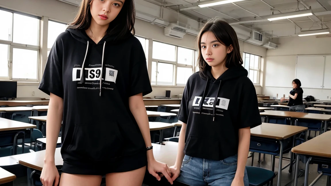 deux femmes ensemble de 18 ans sexy et mince qui se touche , black short sleeve hoodie , dans une salle de classe