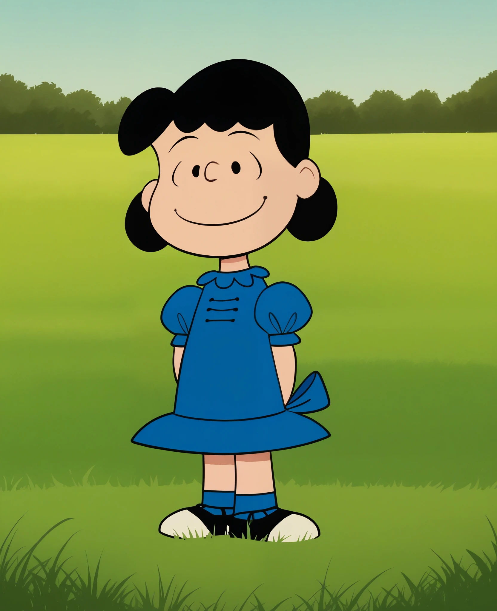score_9, score_8, score_7, BREAK, 1girl, solo, lucy, black hair, blue dress, puffy sleeves, outdoors, grass, smiling, happy, standing, looking on viewer,