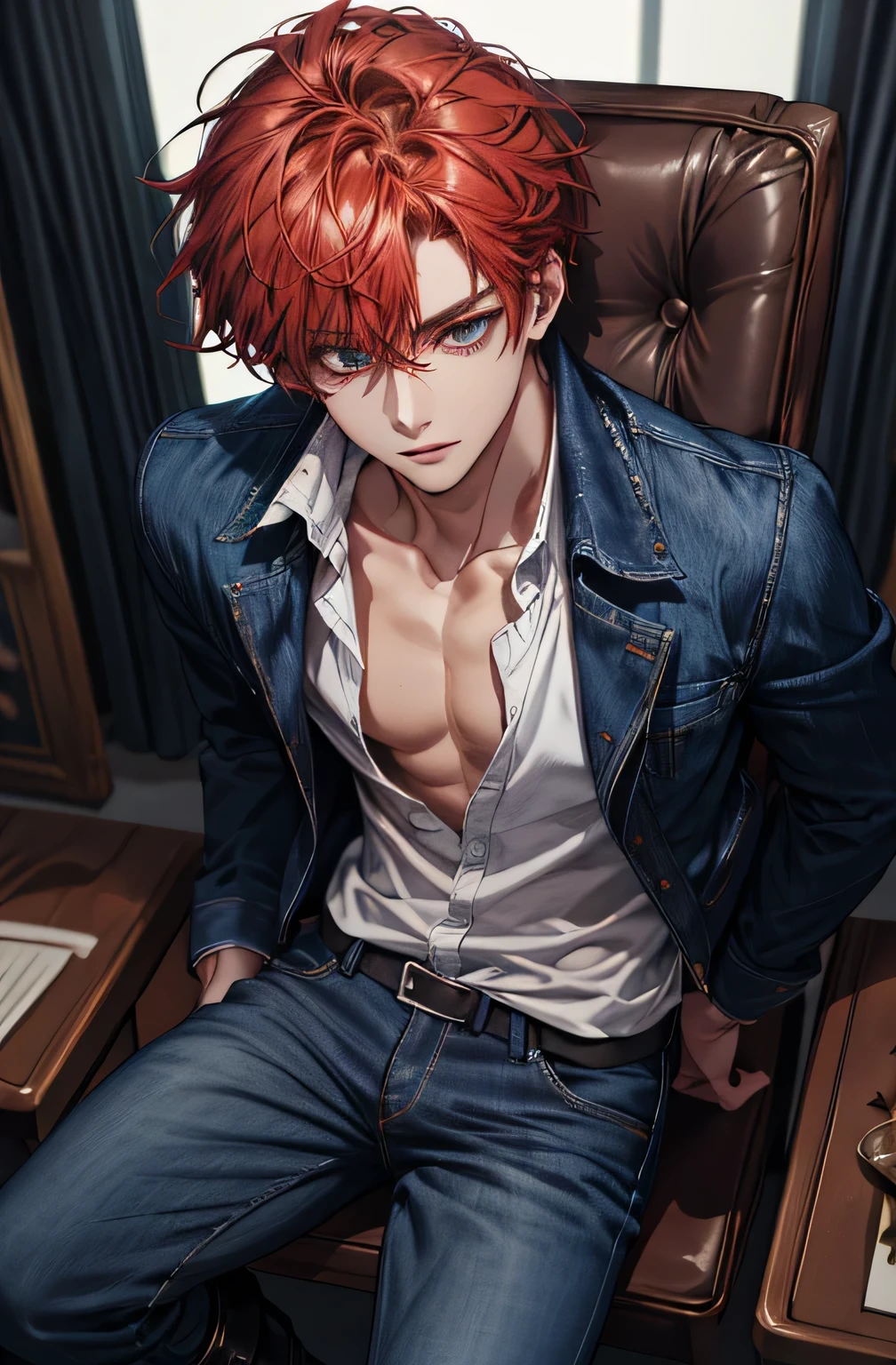 (absurdres, highres, ultra detailed), 1 male, handsome, tall guy, mature, A man sitting, down to up perspective, (white shirt with chest exposed, ), colorful, artistic, depth of field, focus on his face, mischievous facial features, sultry, red hair, black pants, dark blue jean jacket, pleather black boots