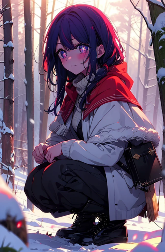 aihoshino, Ai Hoshino, Long Hair, bangs, (Purple eyes:1.1), Purple Hair, (Symbol-shaped pupil:1.5), smile,,smile,blush,White Breath,
Open your mouth,snow,Ground bonfire, Outdoor, boots, snowing, From the side, wood, suitcase, Cape, Blurred, , forest, White handbag, nature,  Squat, Mouth closed, Cape, winter, Written boundary depth, Black shoes, red Cape break looking at viewer, Upper Body, whole body, break Outdoor, forest, nature, break (masterpiece:1.2), Highest quality, High resolution, unity 8k wallpaper, (shape:0.8), (Beautiful and beautiful eyes:1.6), Highly detailed face, Perfect lighting, Highly detailed CG, (Perfect hands, Perfect Anatomy),