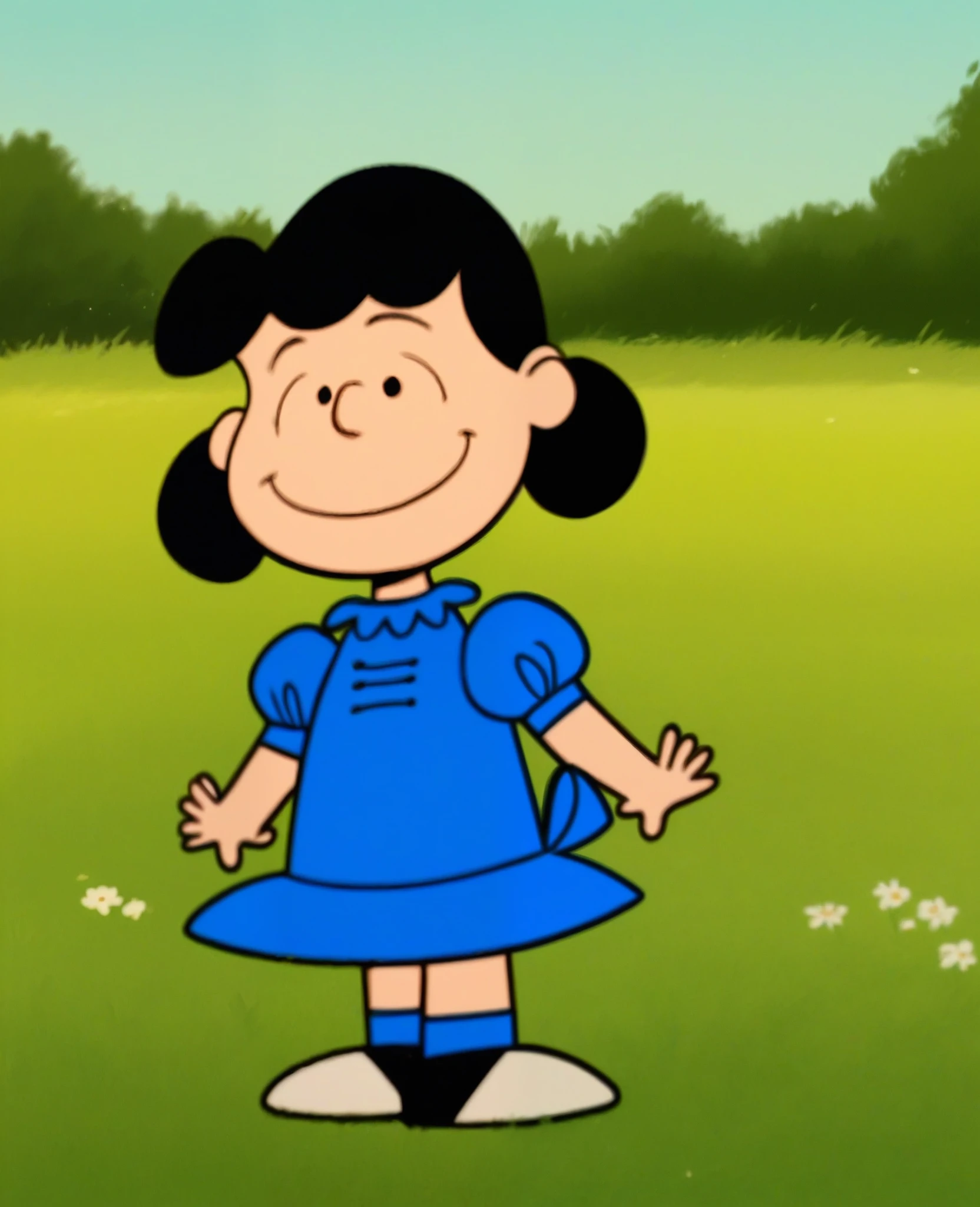score_9, score_8, score_7, BREAK, 1girl, solo, lucy, black hair, blue dress, puffy sleeves, outdoors, grass, smiling, happy, standing, looking on viewer,