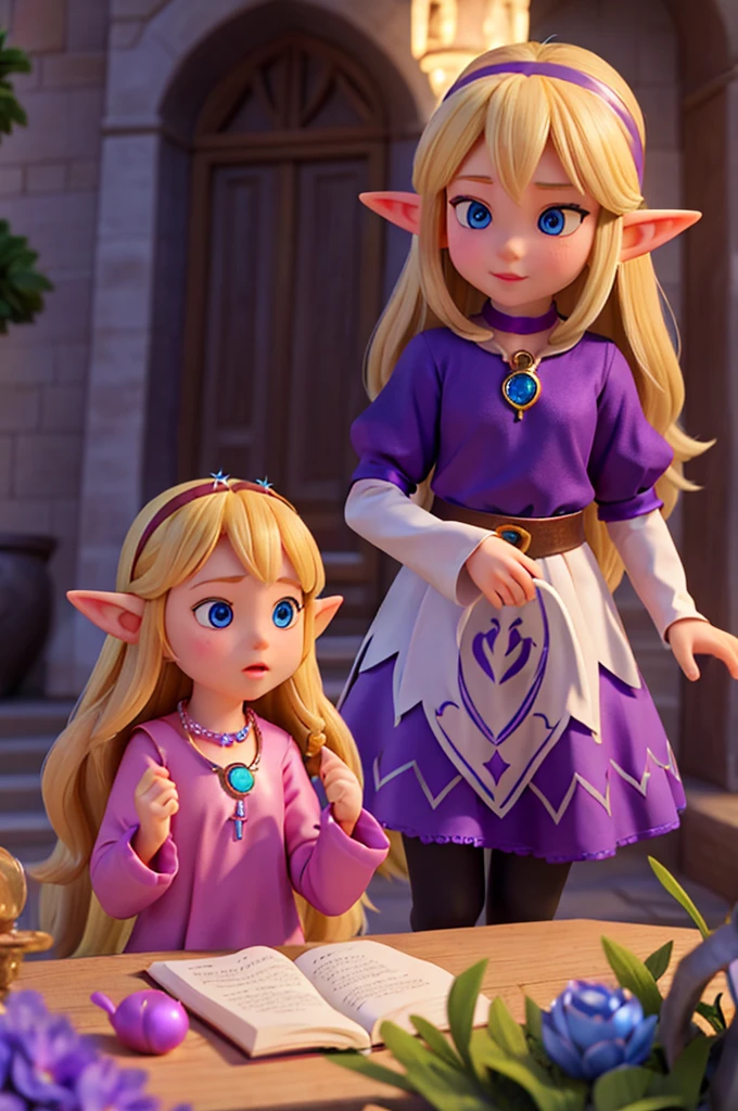 a little blonde girl with long hair, sparkling blue eyes and elf ears holds a necklace with a large magical amulet sparkling with purple color on her neck, together with her sultry friend who is behind her with her wings, they go away from the castle, they leave the castle