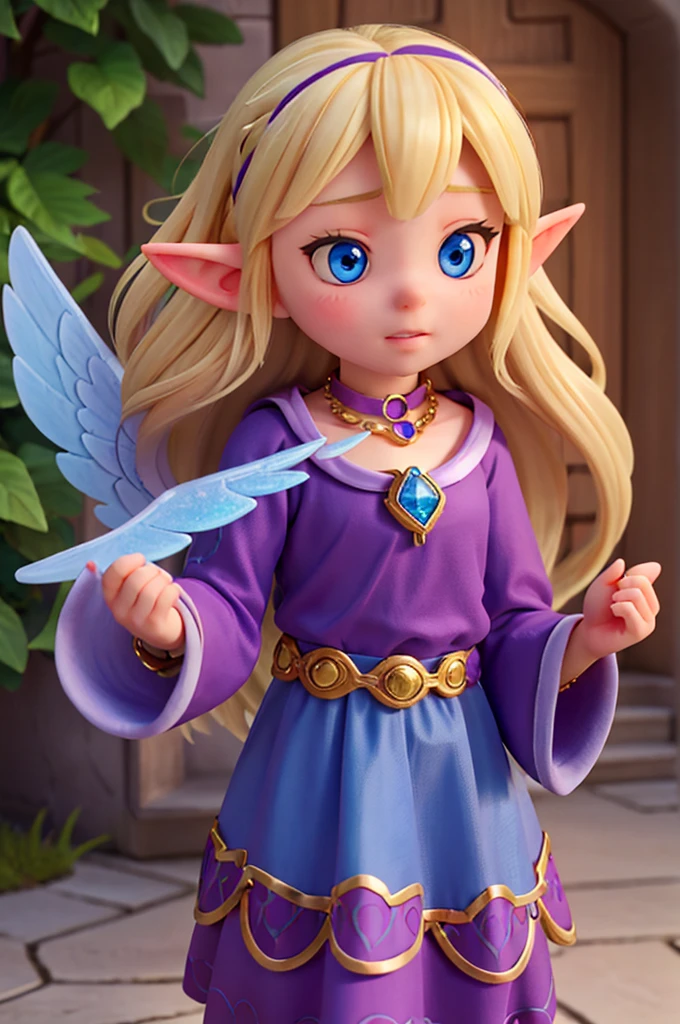 a little blonde girl with long hair, sparkling blue eyes and elf ears holds a necklace with a large magical amulet sparkling with purple color on her neck, together with her sultry friend who is behind her with her wings, they go away from the castle, they leave the castle