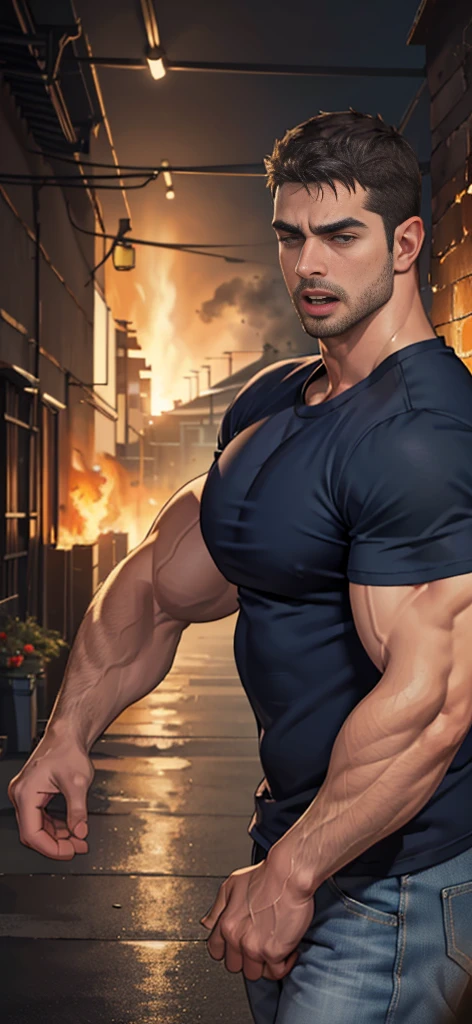 (Create a masterpiece: 1.2),(CGI art:1.3),(realistic:1.5),(After processing:1.3),(Sharp focus:1.3),man sleeping against wall , , straight, front ,Chris Redfield , (round neck T-shirt:1.2) ,Wear color navy round neck T-shirt with a police badge: 1.4), Navy blue jeans, Korean guy , korean men, (High gloss details), chest muscles, large arm muscles, blood vessel, Big muscles, Broad shoulders, looking at the audience, Balancing the eyes, middle of the road ,dark black gloomy hallway in the background, detailed face, shadow, volumetric lighting ,(open mouth:1.6) ,(Fire blazes behind), (run to camara)