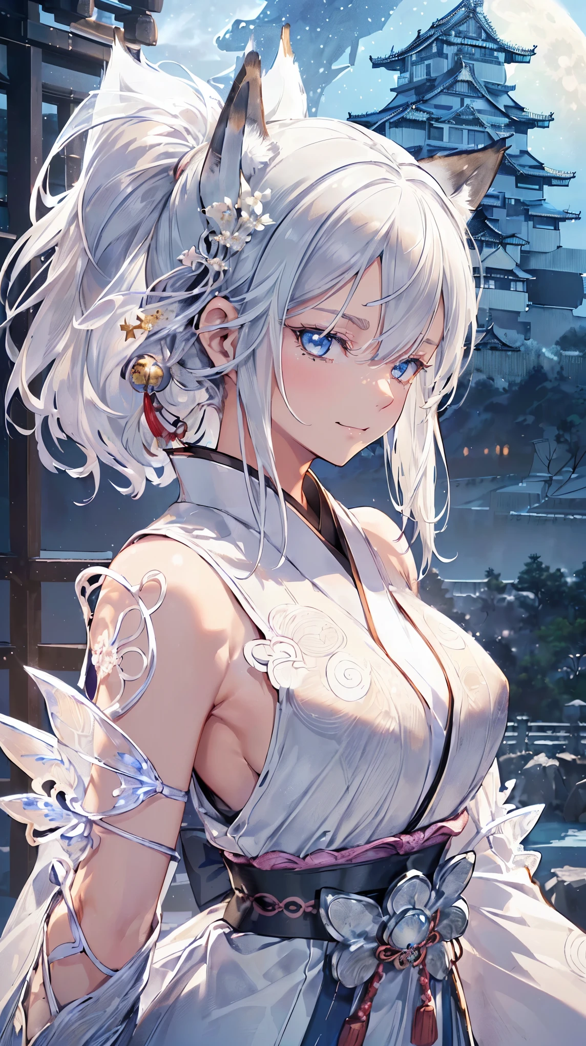 (((Masterpiece))), (((Highest quality))), ((Ultra-detailed)), ((Super fine illustration)), ((Ultra-fine painting)), (16K highest quality wallpaper:1.4), HDR, (Highly detailed and delicate illustration style:1.8), Detailed skin texture, Detailed cloth texture, (Highly detailed face:1.4), (Highly detailed beautiful silver fox ears:1.4), (Highly detailed beautiful silver hair:1.2), (Highly detailed beautiful blue eyes:1.2), Extreme detailed description, Intricate details, Super details, (Perfect anatomy:1.4), (Highly detailed hands:1.2), (Highly detailed fingers:1.2), (Highly detailed fingertips:1.2), (27-years-old), (Solo:1.8), ((A very beautiful and attractive silver (fox:1.4) female fashion model:1.4))
BRAKE
((Beautiful and adorable silver fox ears:1.6)), (Highly detailed and delicate silver fox ears:1.4), (Beautiful and well-shaped big breasts:1.2), (Beautiful and well-shaped buttocks), (Beautiful and shiny silver ponytail:1.4), (Highly detailed and delicate silver ponytail:1.2), (Beautiful and clear blue eyes:1.6), (Highly detailed and delicate blue eyes:1.4), (Highly detailed face:1.4), (Smile:1.5), (Blush:1.2), (Looking at viewer:1.4)
BRAKE
(Dark colored highly detailed kimono armor:1.4), (Dark colored highly detailed long hakama armor:1.4), (Japanese traditional costume:1.2)
BRAKE
(Concept art:1.2), (Detailed Japanese fantasy art:1.2)
BRAKE
((Highly detailed and delicate Japanese castle background:1.6), Japanese style castle:1.4, Highly detailed and beautiful moon and starry sky background:1.4) BRAKE
(Upper body:1.4)
BRAKE