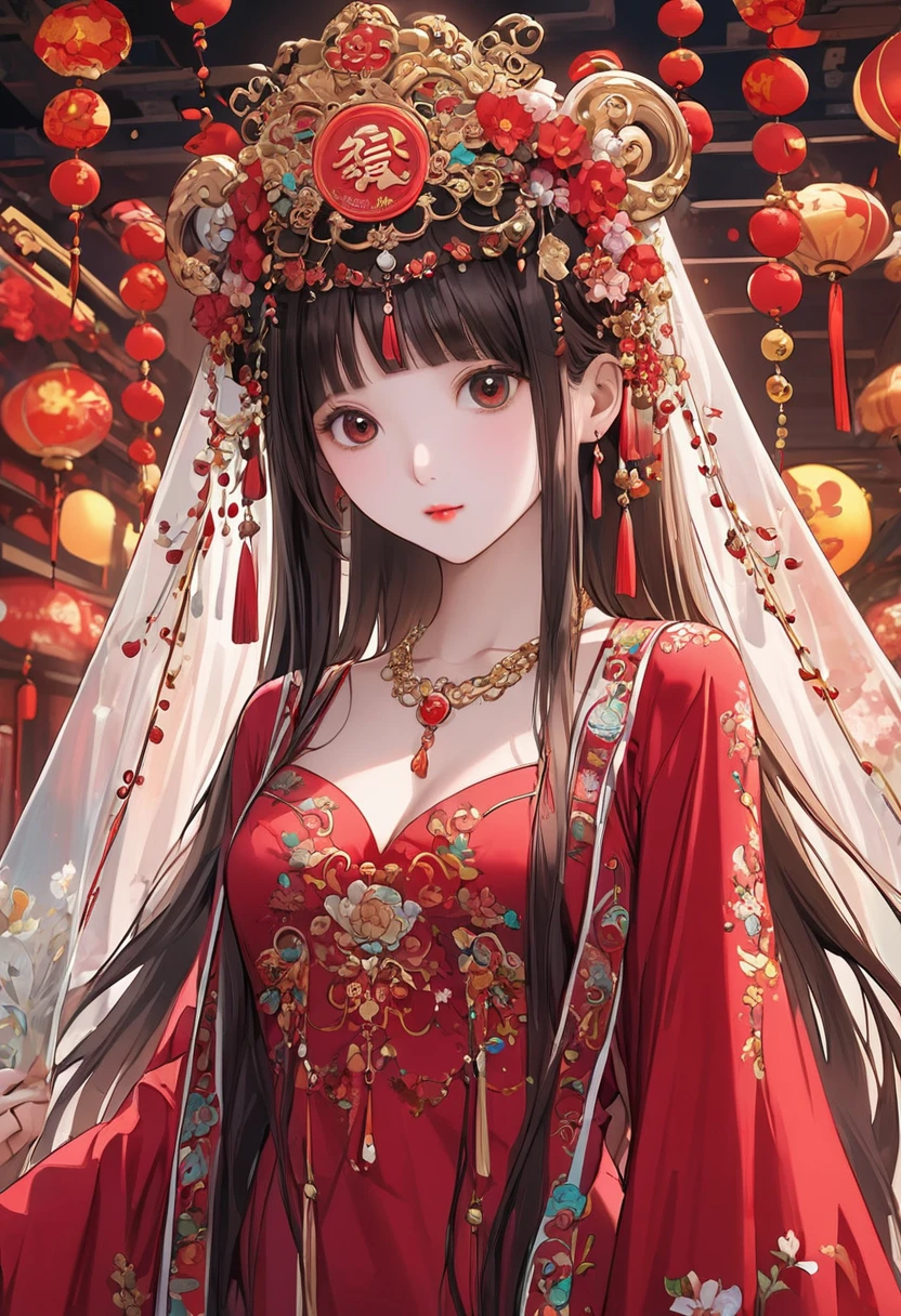 Very long hair,（（（Eyes are very delicate）））（（（Hair accessories）））（（（veil）））,necklace,Misa wears a red transparent sexy silk dress, ((glowing skin))The room is filled with Lunar New Year decorations（（（masterpiece）））, （（best quality））, （（Intricate details））, （（Surrealism））（8K）, Change