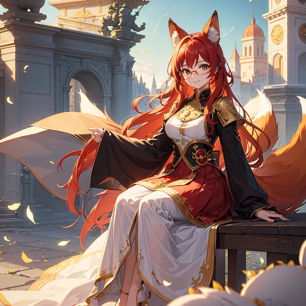 ((Best quality)), ((masterpiece)), (detailed), best quality,8K,original photo,This is a perfect face,Red Fox Maiden,touch fox,Castle Background, Liveliness. Carefree happy joy bokeh background. Quiet aesthetics. Soft lighting. Artistic Lighting. Gold frame glasses