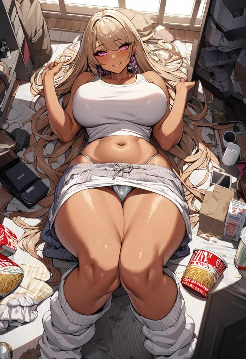 nsfw,masterpiece,ultra detailed,8k,tank top shirt,adult curvy body,(tanned skin:1.1),(japanese gyaru),seductive cute face,cheerful smile,silver panties,lying on back and knees up on floor,curvy thighs,(dirty loose socks),makeup,at messy and dirty room,spacious private room,purple lingeries and trash on floor,empty cup noodle on floor,tv on desk,storage shelf on wall,carpet, from above