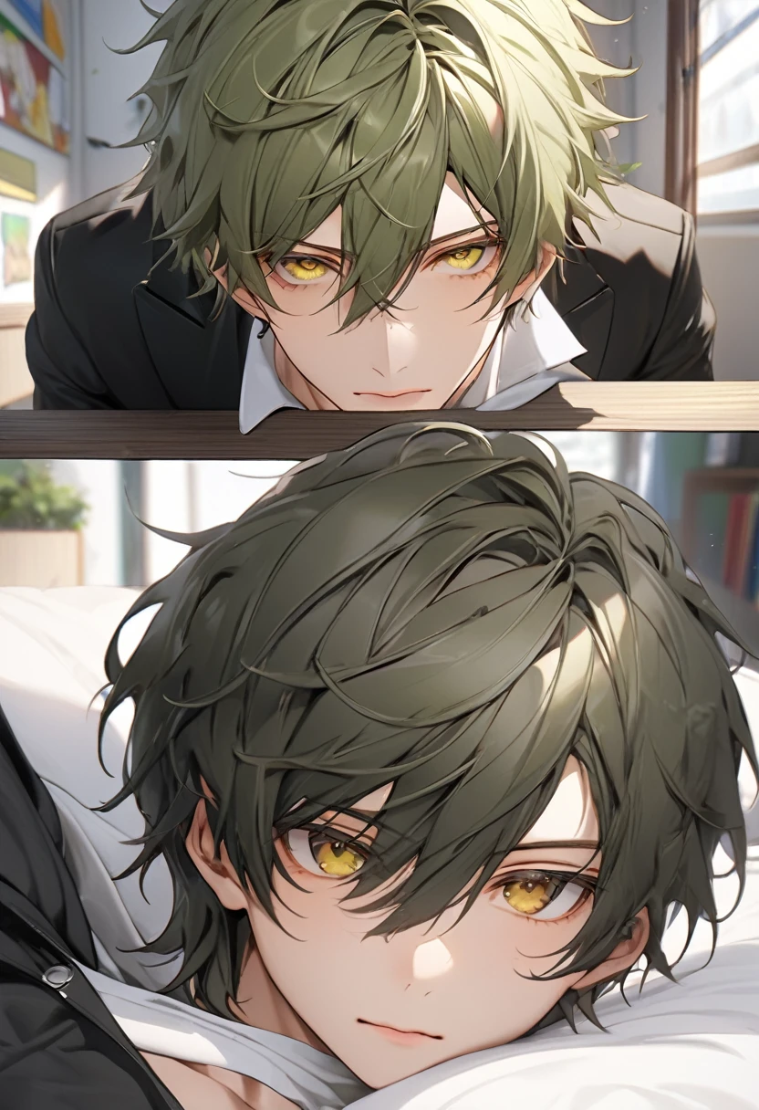 A highschool boy, handsome, perfect body, green tea hair, short hair, mullet, golden eyes, upturned eyes, expressionless, black jacket, white shirt, anime, first-person view, masterpiece, anatomically correct, high details, highres, best quality, super detail, 1080P