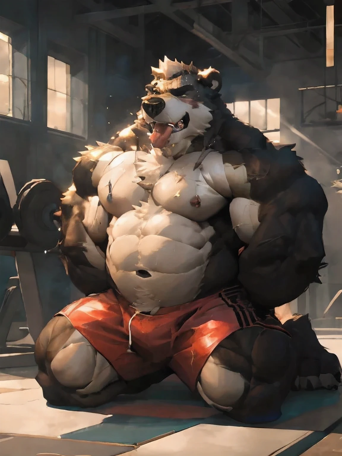 furry character，A very strong bear knelt on the ground，He was bare-chested and wearing a pair of gym shorts，His hands were tied behind his back，With an orgasmic look on his face，sticks out his tongue，is sweating all over，The setting is the gym，perfect eyes,by null-ghost