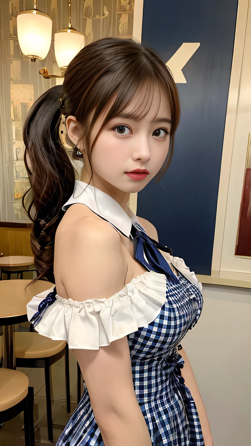 (Masseter muscle area、Highest quality、mysterious、Beautiful, beautiful、Perfect human body balance、Official Art:1.2)、(1 Girl:1.3)、(Big Breasts:1.2)、Shiny skin、pattern、(Navy checkered Lolita dress with fine frills:1.2)、(In front of the cafe:1.3)、(Tie a high ponytail with a thin ribbon:1.3)、(Masterpiece portrait)、Japanese、、Brown eyes)、Exotic Wallpaper、Very chic、Abstract background、wonderful